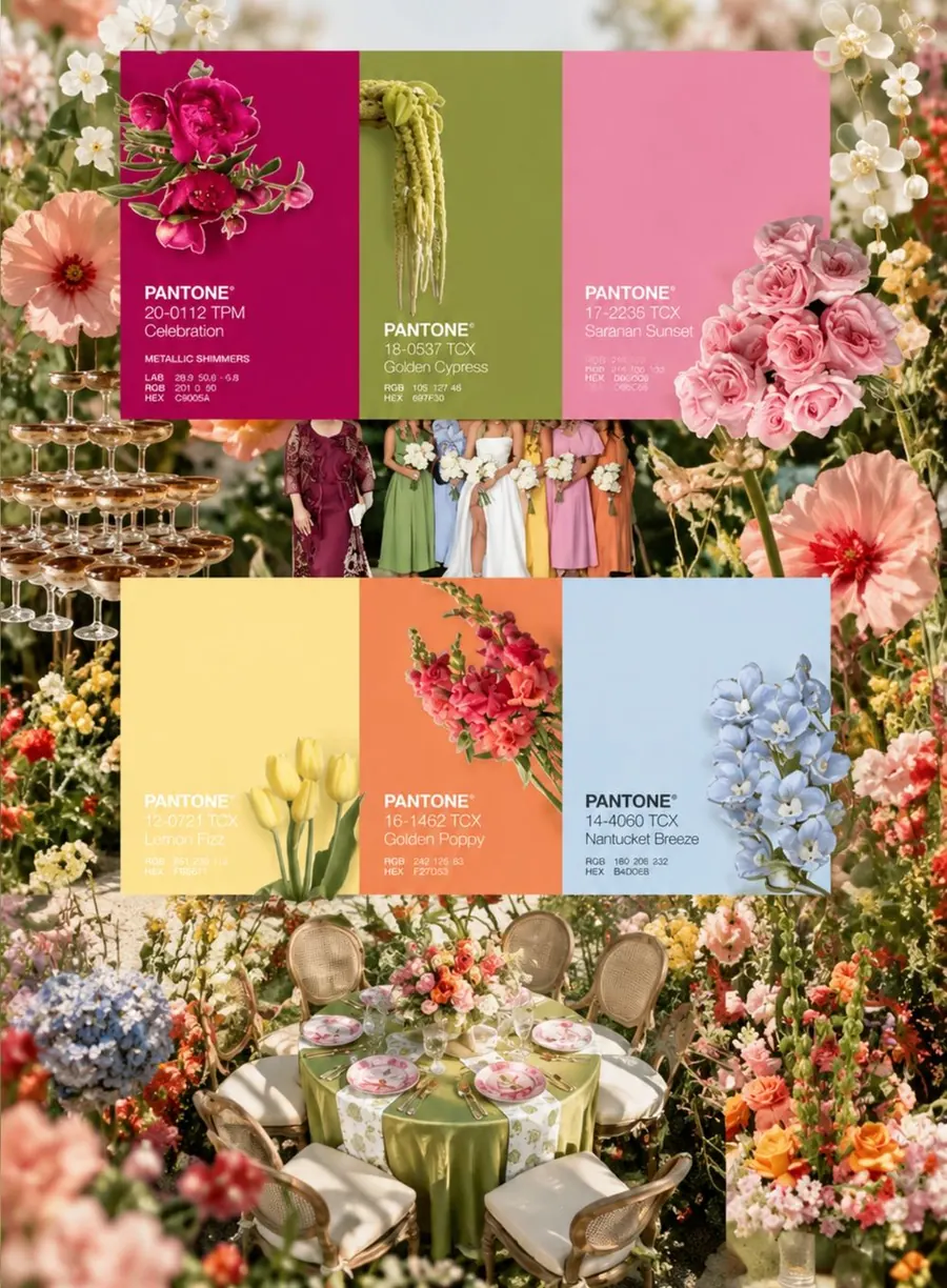 Mood board of the wedding colors: magenta peonies, olive greens, pink roses, pale yellow tulips, orange snapdragons and blue delphiniums, with a garden table setting